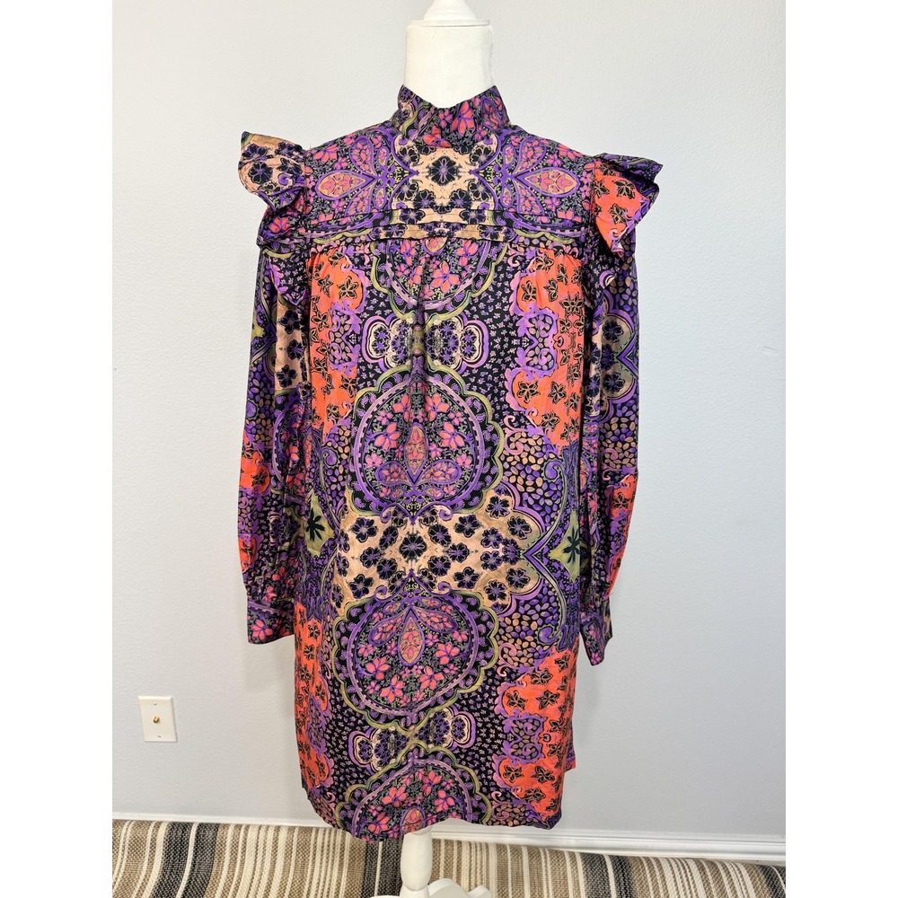 Xirena Nyla Dress Women's Small Black Opal Paisley High Neck Ruffle Boho Shift